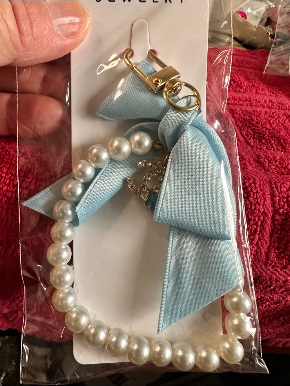 Pearl Bead Key & Card Holder with Light Blue Satin Bow